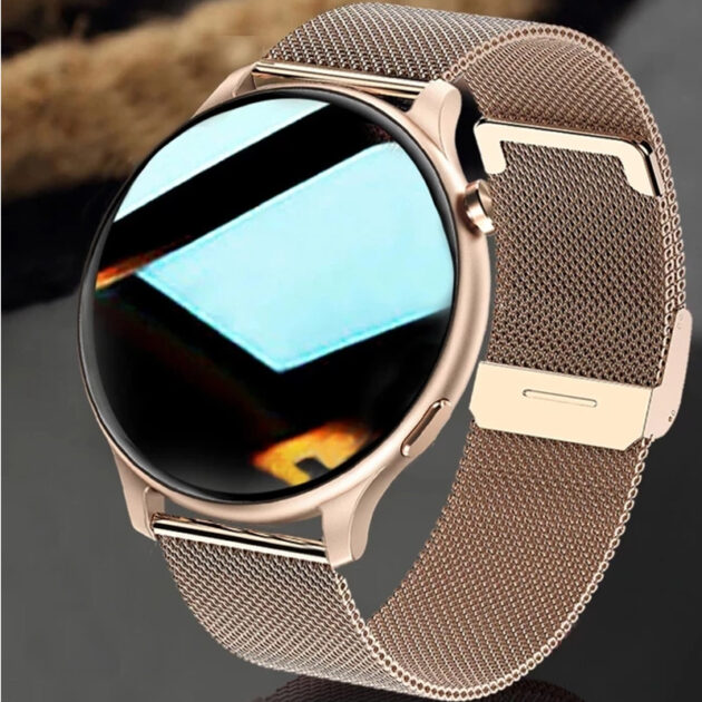 ساعة ذكية نسائية بتصميم دائري فاخر باللون الذهبي